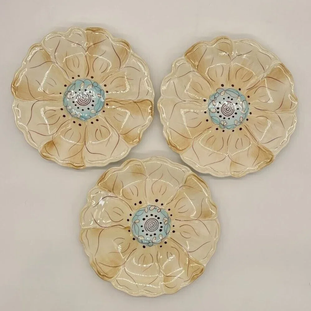 Three Pier 1 Cassidy Salad Dessert Plates Crème (Cream) With Blue Flower 7.5
